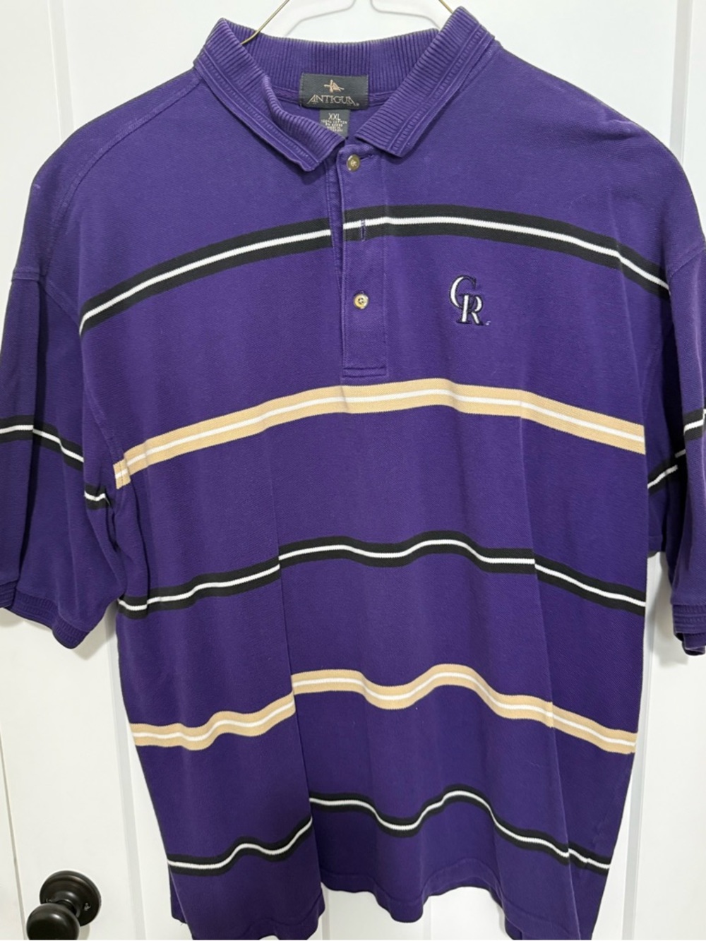 Antigua Colorado Rockies Purple Stripe Polo Shirt